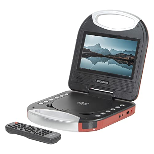 Magnavox MTFT750-RD Portable 7 inch TFT DVD/CD Player with Remote Control and Car Adapter in Red | Rechargeable Battery | Headphone Jack | Built-in Speakers |