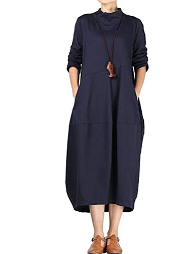 Mordenmiss Women’s Autumn Turtleneck Long Baggy Dress with Pockets Blue XL