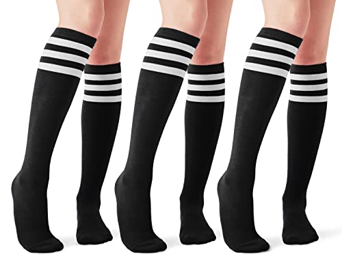 Joulli Women’s Knee High Athletic Socks Stripe Tube Outdoor Sport Socks 3 Pairs, Black