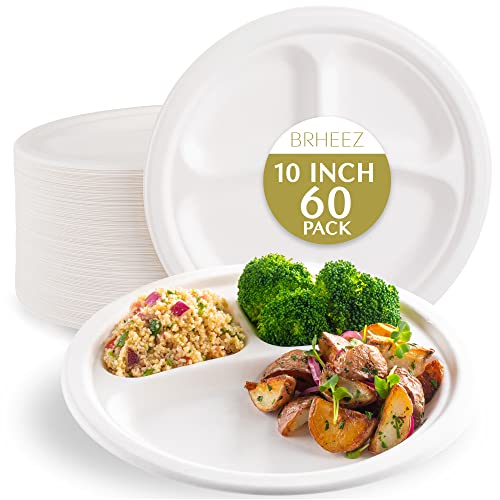 brheez Heavy Duty Round 3 Compartment Disposable Plates [10″ inch] Eco-Friendly 100% Natural Bagasse Fiber Biodegradable Compostable Sustainable Paper Alternative Plates [60 Plates]