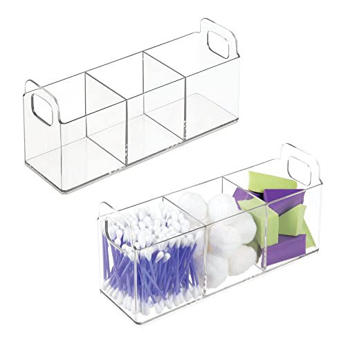 mDesign Plastic 3-Compartment Bathroom Organizer Storage Bin – Divided Makeup Caddy and Hair/Beauty Product Holder Tray – Perfect for Vanity, Counter, and Cabinet – Lumiere Collection, 2 Pack, Clear