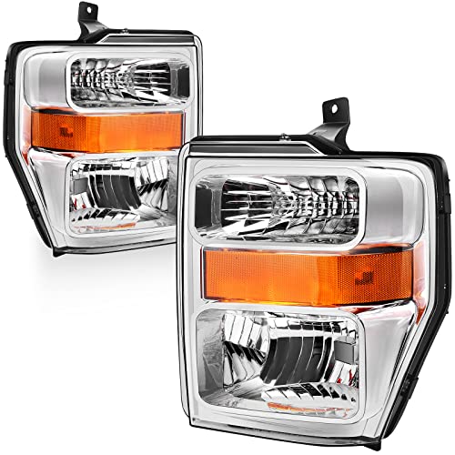 AUTOSAVER88 Headlight Assembly Compatible with 2008-2010 Ford F250 F350 F450 Super Duty Headlamp Chrome Housing(7C3Z-13008BA 7C3Z-13008AA)