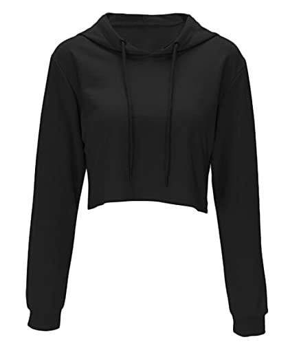 Women Long Sleeve Pullover Hooded Sweatshirt Casual Loose Crop Top Shirt Size M (Black)