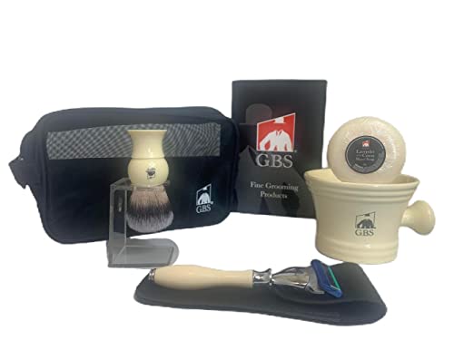 G.B.S Men’s Deluxe Grooming Ivory Set- 5 Blade Razor with Case, Synthetic Bristle Brush + Stand, 4.5″ Diameter Ceramic Mug, Toiletry Travel Bag + Natural Glycerin Shave Soap