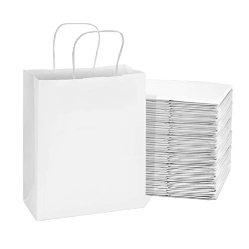 Prime Line Packaging – 8x4x10 Inch 100 Pack White Gift Bags, Small Paper Shopping Bags with Handles, Kraft Totes in Bulk for Boutiques, Small Business, Retail Stores, Gifts & Merchandise