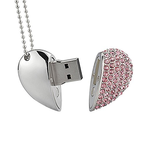 WooTeck 64GB Crystal Loving Heart Jewelry USB Flash Drive Pendrive with Necklace,Pink