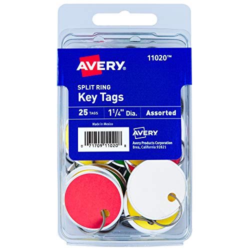 Avery Paper Key Tags, Metal Rim, Split Ring, Assorted Colors, 1-1/4″ Diameter, Pack of 25 (11020)