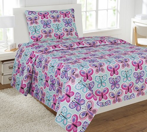 Elegant Home Butterflies Pink Blue White Purple Printed Sheet Set with Pillowcases Flat Fitted Sheet for Girls/Kids/Teens # Butterfly Blue (Twin)