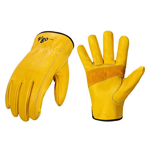 Vgo 3-Pairs Unlined Cow Grain Leather Work and Driver Gloves with Cow Split Leather Palm Patch (Size L, Gold,CA9590)