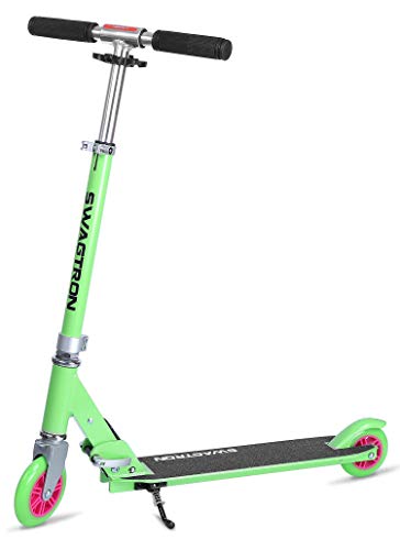 Swagtron K1 Two-Wheel Kick Scooter for Kids & Teens, Adjustable for 40″ to 72″, ABEC-9 Bearings, Next Gen Fold-n-Lock System + Kickstand, Green/Pink