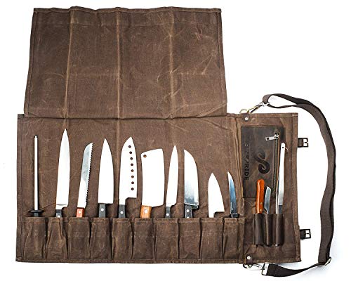 EVERPRIDE Waxed Canvas and Leather Chef Knife Roll Bag – Chef Bag Holds 10 Knives up to 18” PLUS Pocket for Cooking Accessories – Durable Knife Case for Professional Chefs – Knives Not Included