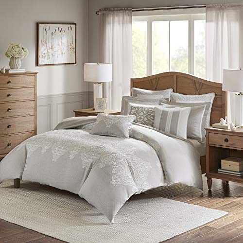 MADISON PARK SIGNATURE Barely There Cozy Comforter Set – All Season Bedding Combo Filled Insert and Removable Duvet Cover, Shams, Decorative Pillows, Damask Natural King(110″x96″) 10 Piece