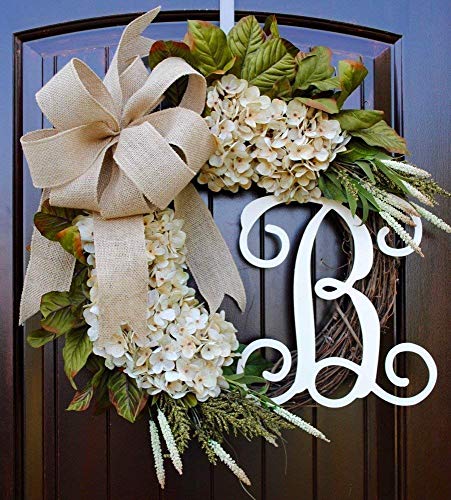 Hydrangea Monogram Initial Front Door Wreath with Choice of Bow and Cream Hydrangeas on Grapevine Base-Handmade in the USA, Front Door Wreath