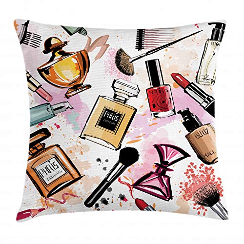 Ambesonne Fashion Throw Pillow Cushion Cover, Cosmetic and Makeup Theme Pattern Perfume Lipstick Nail Polish Brush Modern, Decorative Square Accent Pillow Case, 16″ X 16″, Coral White