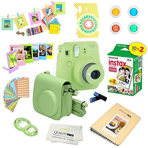 Fujifilm Instax Mini 9 Camera + Fuji INSTAX Instant Film (20 Sheets) + 14 PC Instax Accessories kit Bundle, Includes; Instax Case + Album + Frames & Stickers + Lens Filters + More (Lime Green)