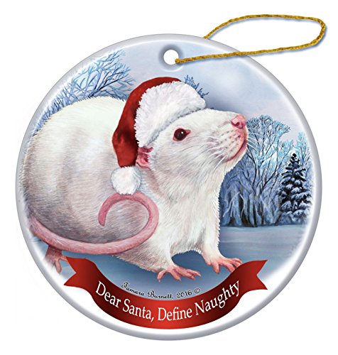 Holiday Pet Gifts Pink-Eyed White Albino Rat Santa Hat Porcelain Ornament
