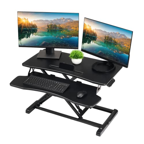 TechOrbits Standing Desk Converter – 37 Inch Adjustable Sit to Stand Up Desk Workstation, MDF Wood, Ergonomic Desk Riser with Keyboard Tray, Desktop Riser for Home Office Computer Laptop, Black 37″