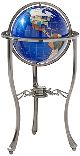 Unique Art Since 1996 Brand 37″ Tall Bahama Blue Pearl Swirl Ocean Floor Standing Gemstone World Globe with Tripod Silver Stand and 50 US State Stones