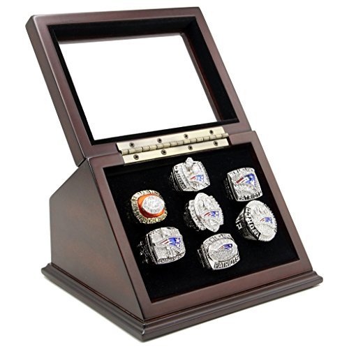 Trophies Collectible Championship Rings Display Case Box with 7 Holes and Slanted Glass Window for Any Championship Rings -Rings are Not Included