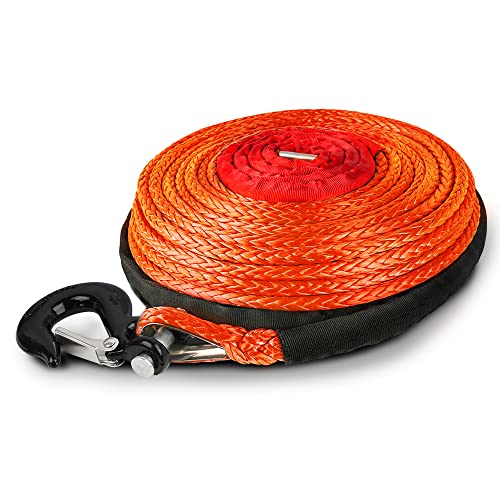 X-BULL SK75 3/8″ x 100ft Dyneema Synthetic Winch Rope with Hook Car Tow Recovery Cable（23,809 Lbs,Orange）