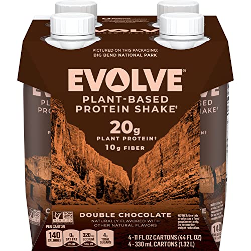 Evolve Plant Based Protein Shake, Double Chocolate, 20g Vegan Protein, Dairy Free, No Artificial Sweeteners, Non-GMO, 10g Fiber, 11oz, (4 Pack)