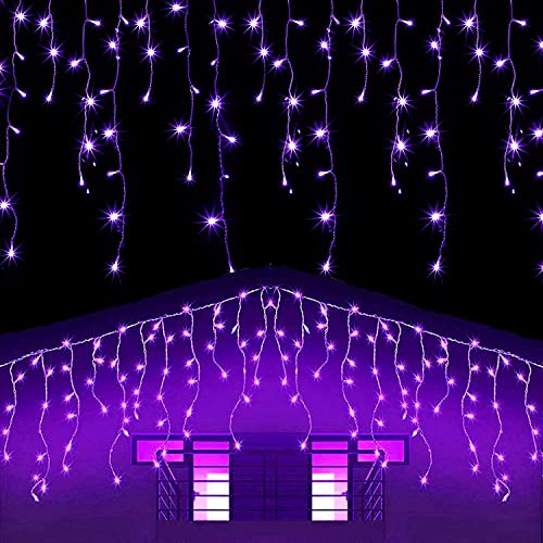 SDOUBLEM 13FT 96 LEDs Purple 8 Modes Memory Mode Icicle Light Window Curtain String Light Wedding Patio Home Garden Bedroom Outdoor Indoor Party Decorations
