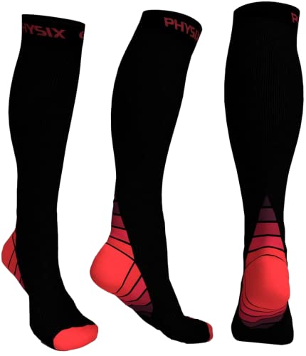 Physix Gear Compression Socks for Men & Women 20-30 mmhg Graduated Athletic for Running Nurses Shin Splints Flight Travel & Maternity Pregnancy – Boost Stamina Circulation & Recovery RED S/M (1 Pair)