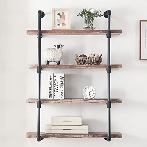HOMISSUE 4-Shelf Rustic Pipe Shelving Unit, Metal Decorative Accent Wall Book Shelf for Home or Office Organizer, Retro Brown