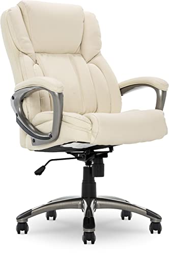 Serta Executive Office Adjustable Ergonomic Computer Chair with Layered Body Pillows, Waterfall Seat Edge, Bonded Leather, Ivory White 30D x 26W x 45H Inch