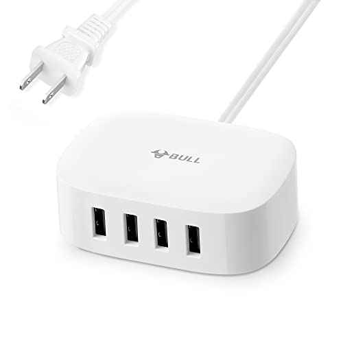 BULL USB Charging Station – 4 Port USB Charging Station for Multiple Devices, 25W Multi USB Charger Station Apple iPhone, Tablet Laptop Computer, Travel, Home, Office （6Ft Extension Cord）