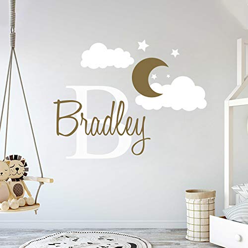 Custom Name & Initial Moon Clouds Stars – Baby Boy – Nursery Wall Decal for Baby Room Decorations – Mural Wall Decal Sticker for Home Children’s Bedroom (MM109) (Wide 32″ x 24″ Height)