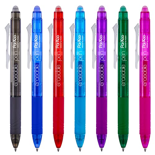 ParKoo Retractable Erasable Gel Pens Clicker, Fine Point, No Need for White Out, Assorted Color Inks for Planners and Crossword Puzzles, 7-Pack