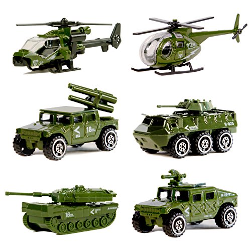 Nunkitoy Die-cast Military Vehicles,6 Pack Assorted Alloy Metal Army Vehicle Models Car Toys,Original Color Mini Army Toy Tank,Jeep,Panzer,Anti-Air Vehicle,Helicopter Playset for Kids Toddlers Boys