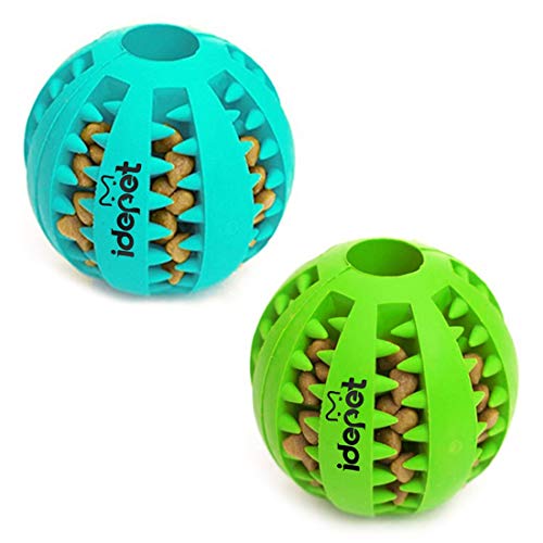 Idepet Dog Toy Ball, Nontoxic Bite Resistant Toy Ball for Pet Dogs Puppy Cat, Dog Pet Food Treat Feeder Chew Tooth Cleaning Ball Exercise Game IQ Training Ball(2 Pack-Blue&Green)