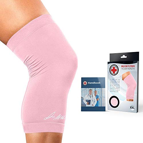 Doctor Developed Ladies Pink Knee Brace / Knee Compression Sleeve / Knee Support for Women & Doctor Written Handbook -Guaranteed relief for Arthritis, Tendonitis, Injury support, & Running (Large)