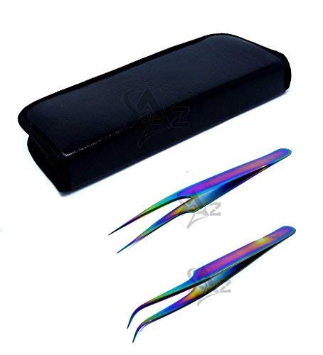 SET OF 2 Stainless Steel Multi Titanium Rainbow Color 3D Eyelash Extension Tweezers Pro Straight + Strong Curved Fine Point (A2Z)