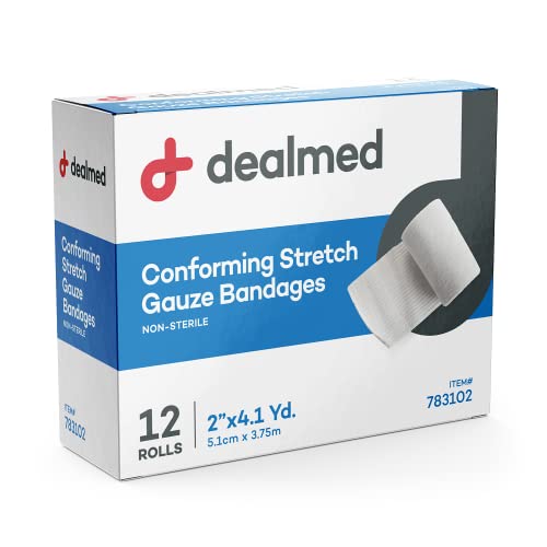 Dealmed 2″ Conforming Stretch Gauze Bandages, 4.1 Yards Stretched Gauze Rolls, Wound Care Product (Box of 12 Rolls)