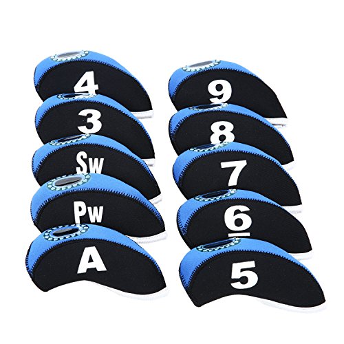 10pcs/Set Golf Iron Club Head Covers with Numbers Neoprene Top Window Iron Covers(Blue&Black)