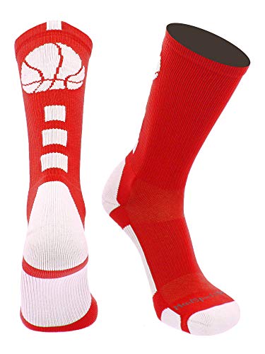 MadSportsStuff Basketball Socks with Basketball Logo Crew Socks (Scarlet/White, X-Large)