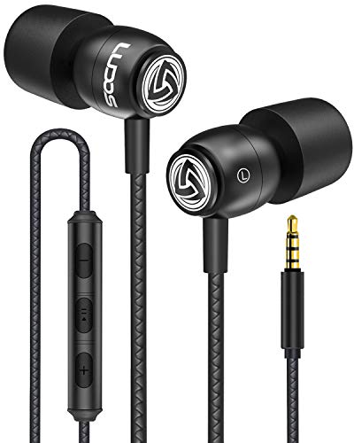 LUDOS Clamor Wired Earbuds in Ear, Noise Isolating Headphones with Microphone, 3.5mm Jack Plug, Mic and Volume Control, Memory Foam, Deep Bass, Tangle-Free Cord – Black