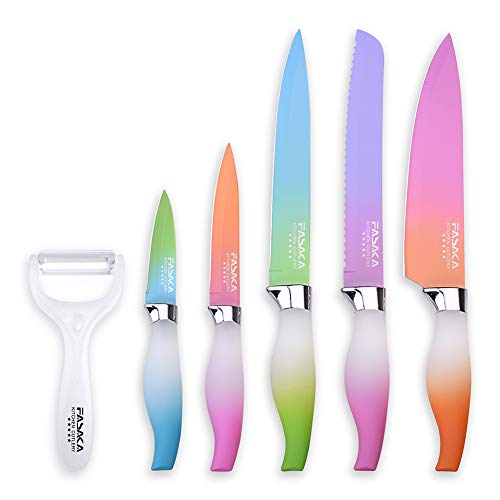 FASAKA 6 Piece Colorful Knife Set – 5 Kitchen Knives with 1 Peeler – Non-Stick Stainless Steel Chef Knife Set – Rainbow Knives with Round PP Handle, Display with Gift Box