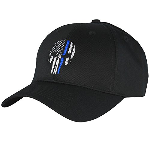 Fantastic Tees Thin Blue Line Skull USA Flag Mid Profile Hat (Black)