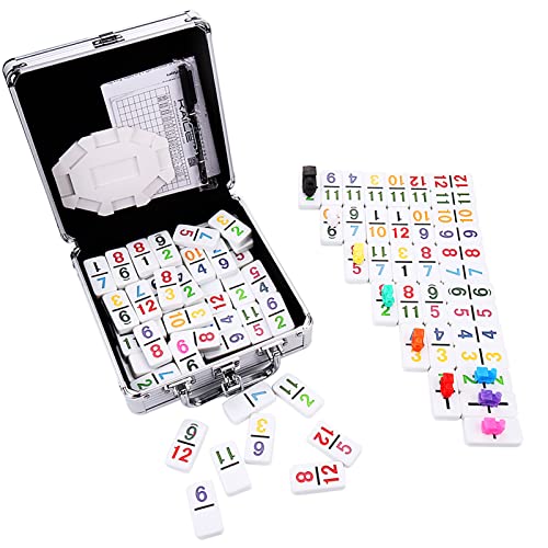 KAILE Mexican Train Dominoes with Numbers, Color Double 12 Numerical Number Dominoes Set Chicken Foot Dominoes Set with Aluminum Case, 91 Tiles…