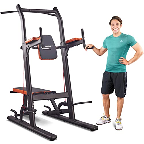 HARISON Multifunction Power Tower with Bench Pull Up Bar Dip Station for Home Gym Workout Strength Training Fitness Equipment (HR-408 (with bench))