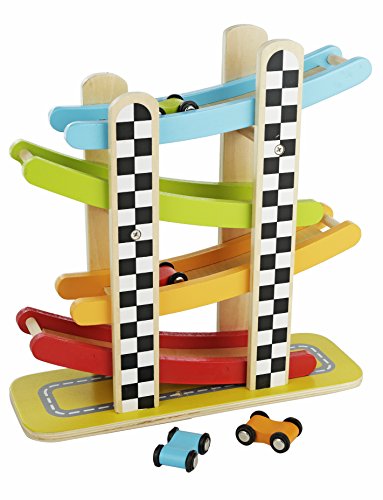 Colorful Wood Race Track Ramp with 4 Wooden Race Cars – Solid Wood Educational Baby Toy for Toddler Boys and Girls Age 18-24 Months, 2 Years and Up – Classic Early Development Vehicle Playset Toy