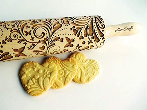 ROLLING PIN SPRING WOODDEN EMBOSSING ROLLING PIN with BUTTERFLIES and FLOWERS EMBOSSED COOKIES GIFT FOR MOTHER FRIEND