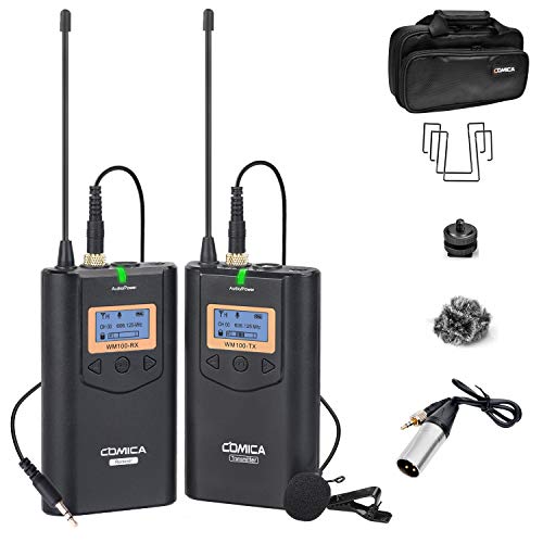 Wireless Lavalier Microphone System, Comica CVM-WM100 UHF 48 Channels Professional Wireless Microphone Compatible with Canon Nikon Sony Panasonic DSLR Cameras,XLR Camcorder,Smartphone etc.