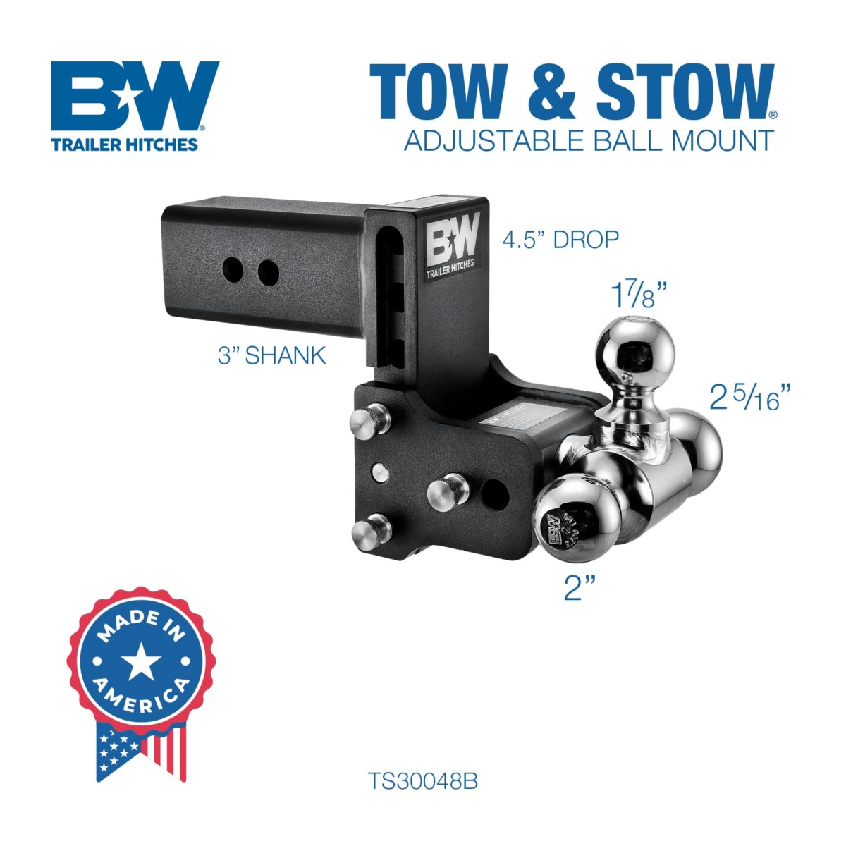 B&W Trailer Hitches Tow & Stow Adjustable Trailer Hitch Ball Mount – Fits 3″ Receiver, Tri-Ball (1-7/8″ x 2″ x 2-5/16″), 4.5″ Drop, 21,000 GTW – TS30048B | The Storepaperoomates Retail Market - Fast Affordable Shopping