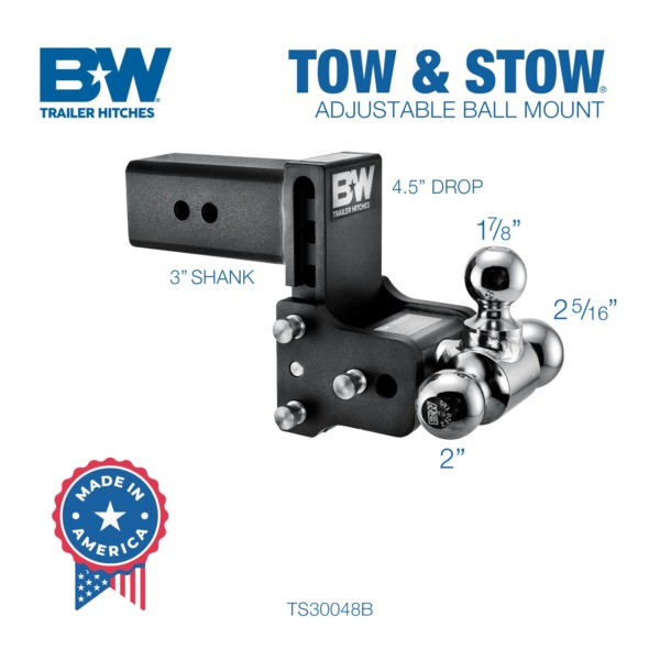 B&W Trailer Hitches Tow & Stow Adjustable Trailer Hitch Ball Mount – Fits 3″ Receiver, Tri-Ball (1-7/8″ x 2″ x 2-5/16″), 4.5″ Drop, 21,000 GTW – TS30048B
