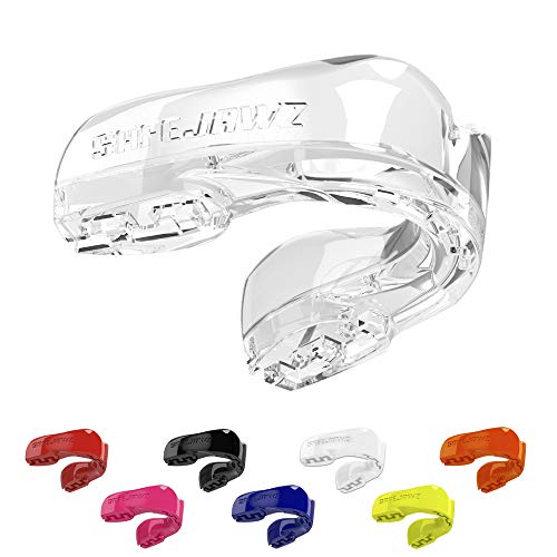 SAFEJAWZ Mouthguard Slim Fit, Adults and Junior Mouth Guard with Case for Boxing, Basketball, Lacrosse, Football, MMA, Martial Arts, Hockey and All Contact Sports (Transparent, Adult)
